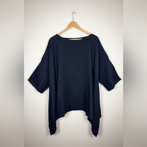 Eskandar Linen 3/4 sleeve bateau neck tunic Black Lagenlook minimalist Medium